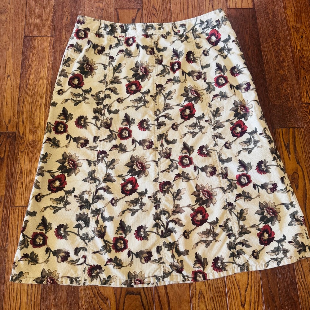 Eddie Bauer Womens 14P Corduroy Floral Midi Skirt Cream Burgundy Cottage Core